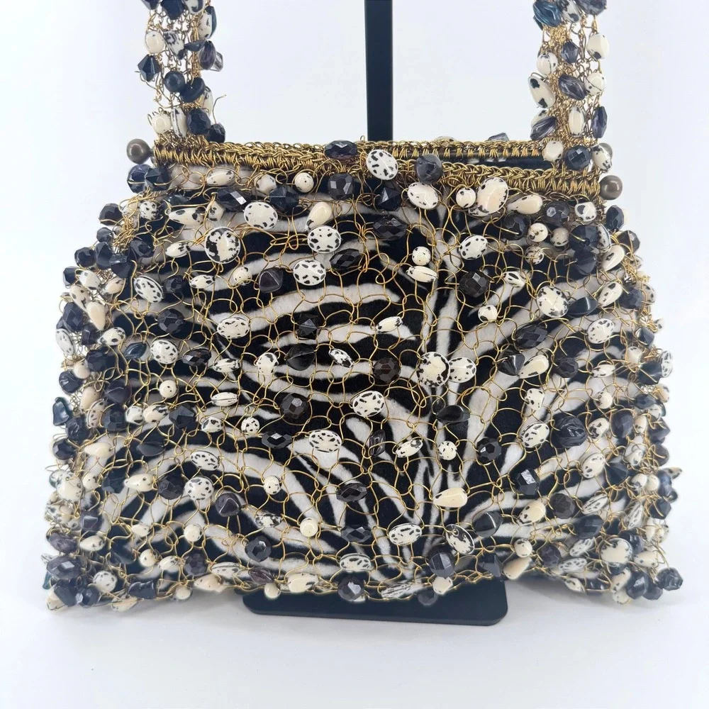 La Chica Chic Brazil Zebra Print Beaded Wire Mesh Shoulder Bag Black White Gold